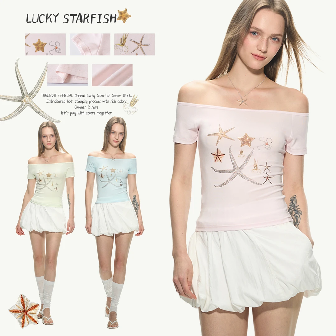 THELIGHT幸运海星系列一字肩修身短袖T恤女凉感运动芭蕾风淡粉色