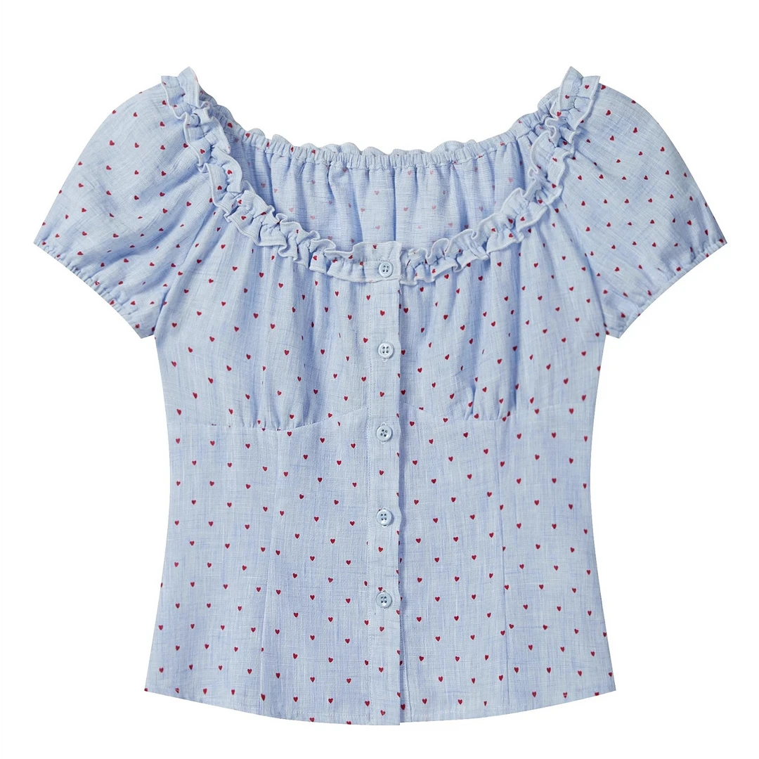 羊城故事-法式爱心印花泡泡短袖衬衫女木耳边修身衬衣Y50651543