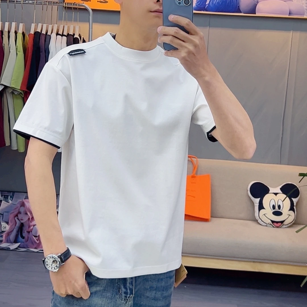 短袖圆领夏季T恤纯色假两件袖透气男女t恤休闲上衣白色情侣简约