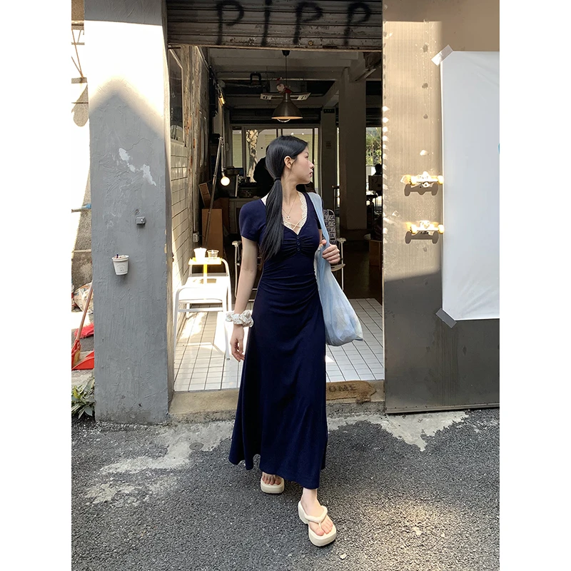 【长岛假期】春夏复古方领设计感拼接蕾丝织带连衣裙251U0535#