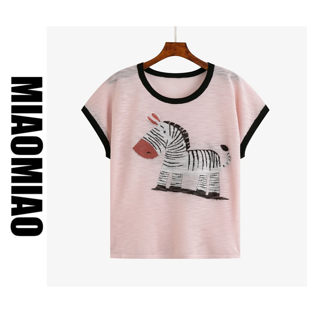 【苗苗】2252大码卡通斑马拼色竹节麻短袖圆领套头针织衫2025夏季