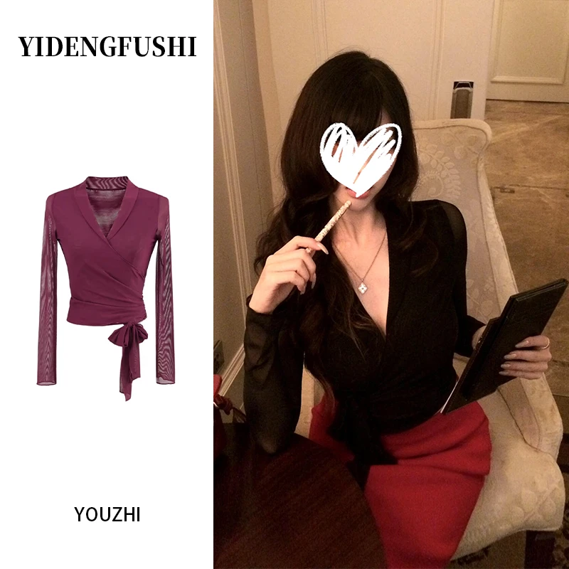 YIDENG2025早秋季绑带交叉v领网纱长袖T恤女纯欲修身收腰轻熟风气