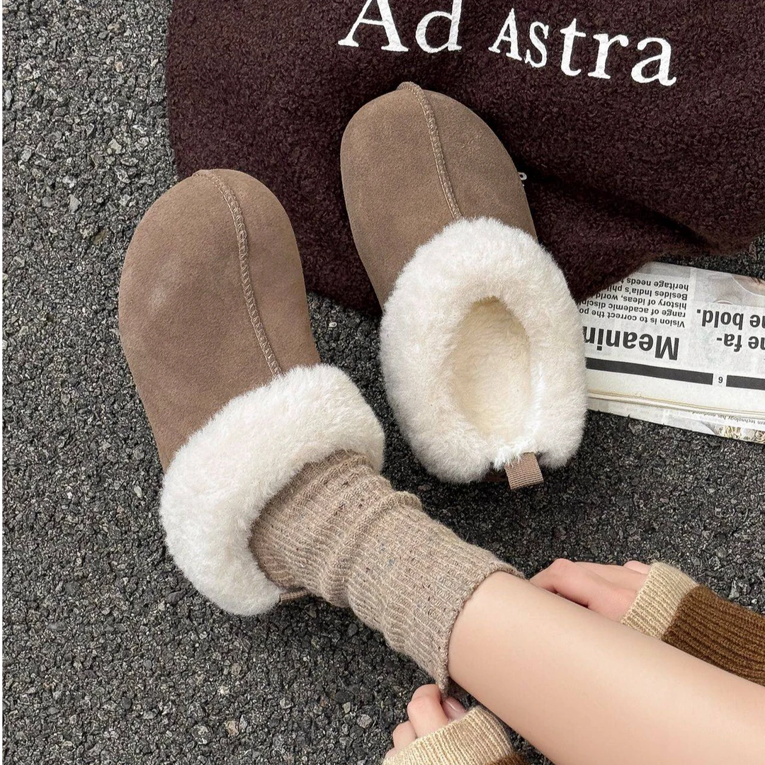 新款头层牛皮博肯鞋2025冬季包头半拖加绒复古风一脚蹬毛毛鞋兔毛