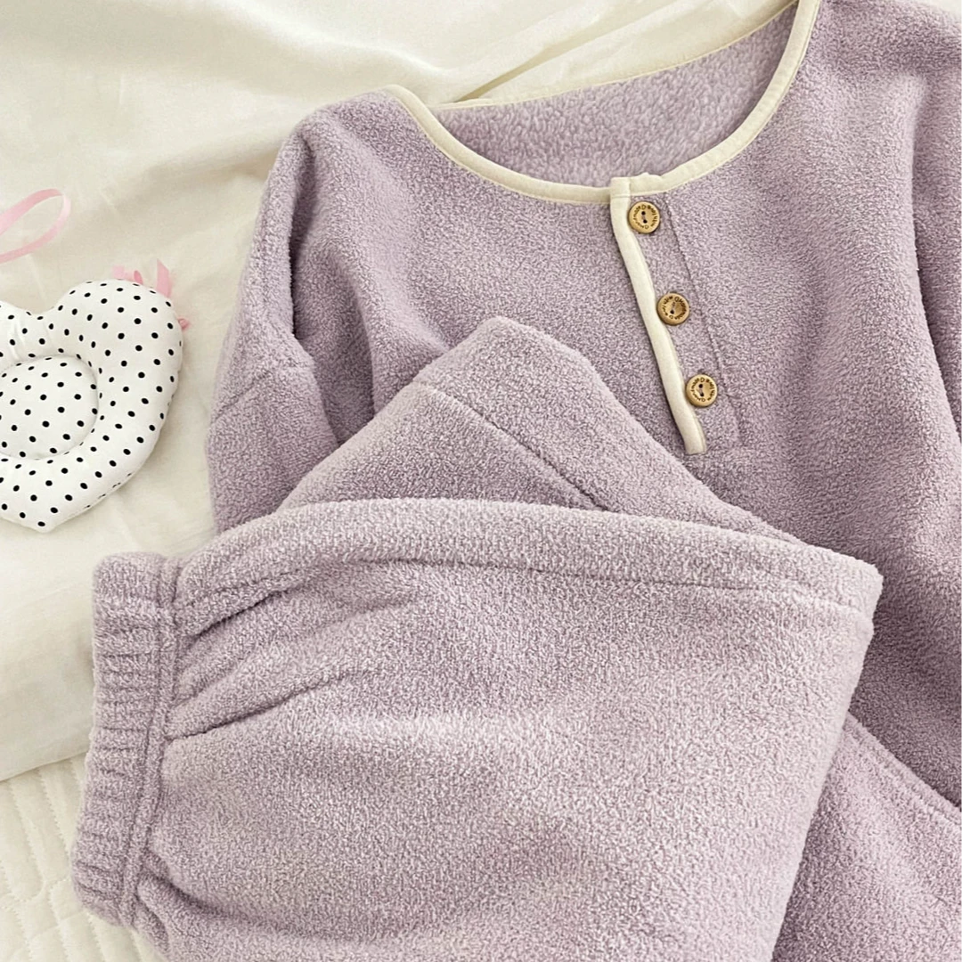 香芋紫雪花绒睡衣女秋冬季简约韩系甜美薄绒保暖珊瑚绒家居服套装