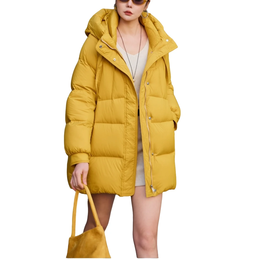 【洋玉服饰】冬季新款时尚连帽宽松加厚国标90白鸭绒中长款女羽绒服