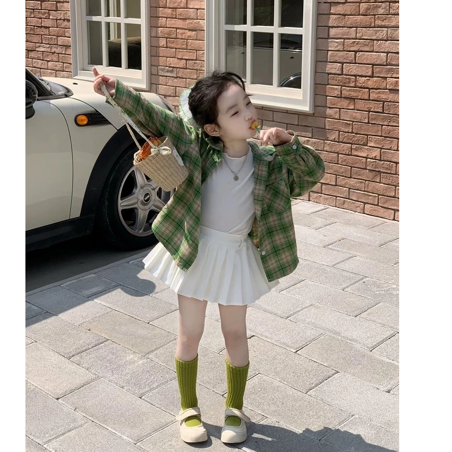 女童时髦洋气绿格子衬衫外套25春夏薄款衬衣小外套休闲上衣长袖潮