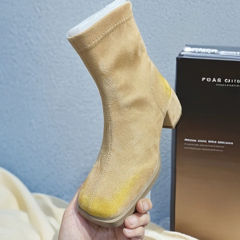 广州正版时尚短靴709-3高跟瘦瘦靴跟鞋弹力靴秋冬百搭方头圆头