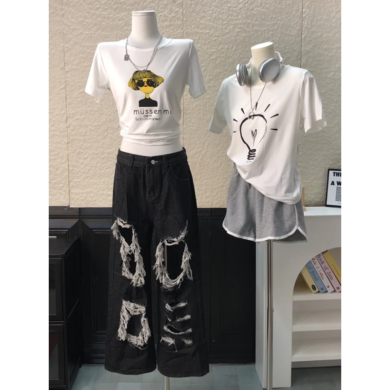 韩版上衣体恤2025年春夏季宽松新款白色t恤女时尚趣味ins风设计感