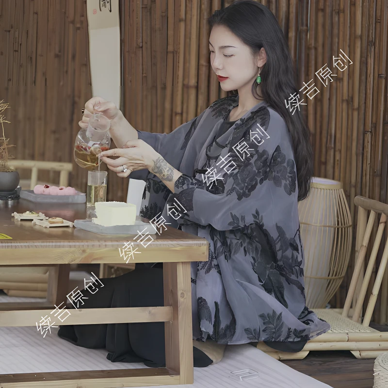 夏-续吉麻衣25-1031【黑叶】重工刺绣新中式外套上衣圆领提花