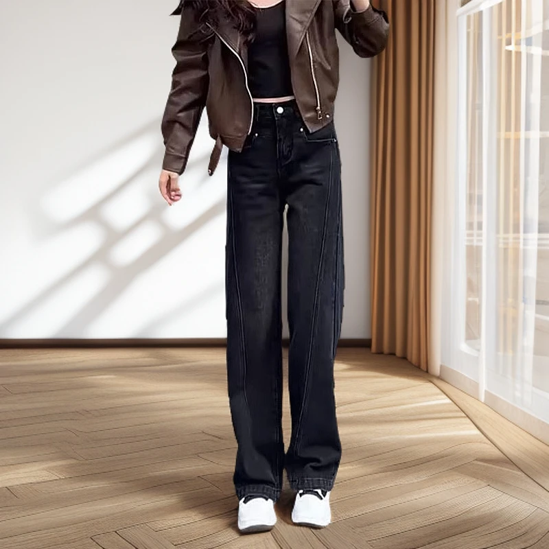 大码显瘦直筒裤窄版阔腿裤遮肉拖地长裤2025春季新款减龄牛仔裤女