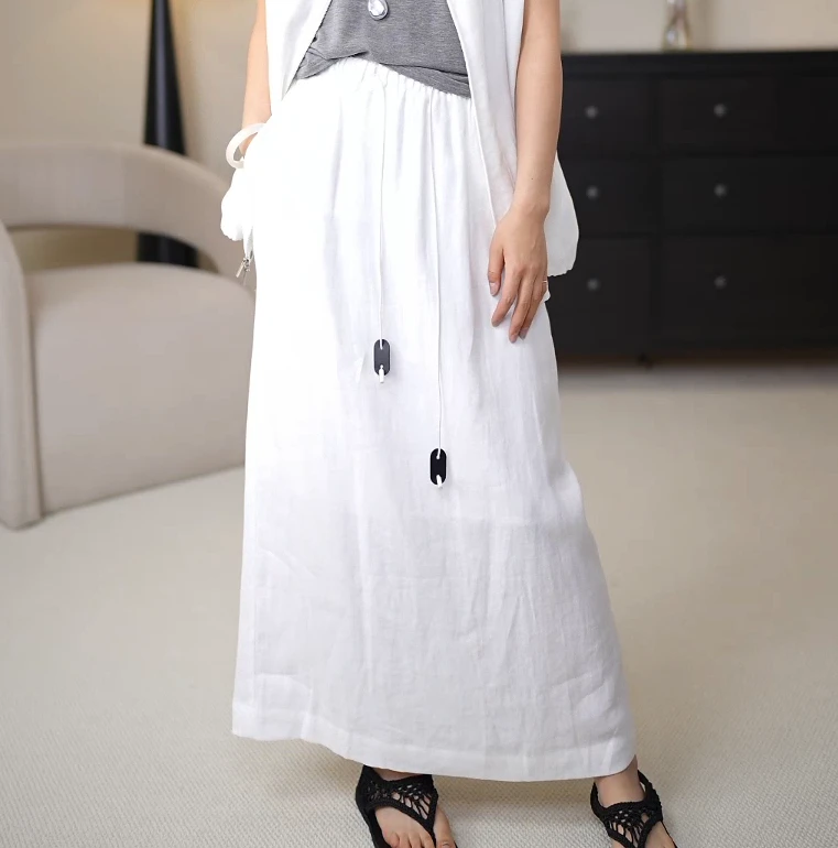 ALi【100苎麻抽绳半裙】春夏直筒百搭开叉白色松紧腰简约休闲半裙