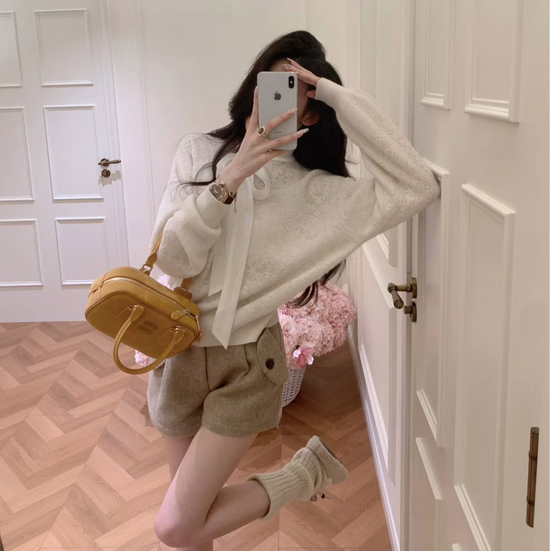 2026秋冬新款法式气质系带圆领针织毛衣女时尚百搭休闲短裤两件套