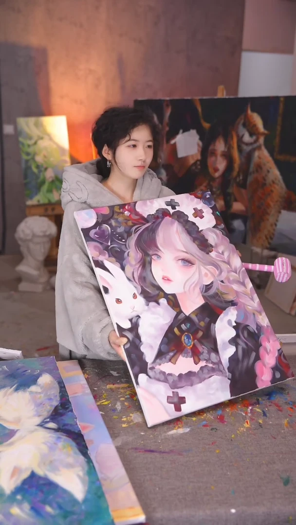 【闪购商品】油画兔子女孩丙烯画纯手绘