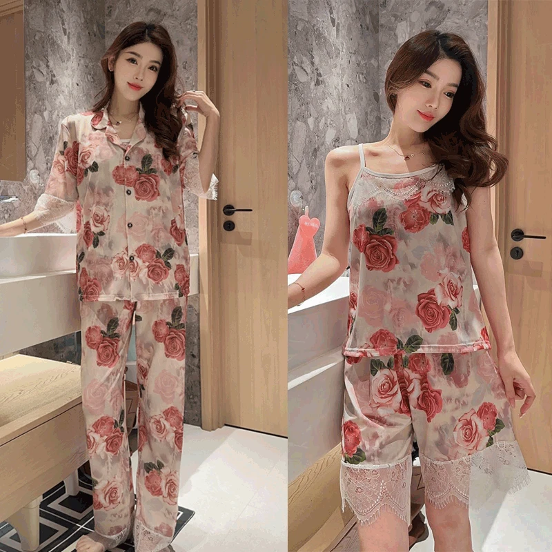 【新疆包邮】浪漫玫瑰睡衣四件套蕾丝边高级感轻奢可外穿家居服睡衣
