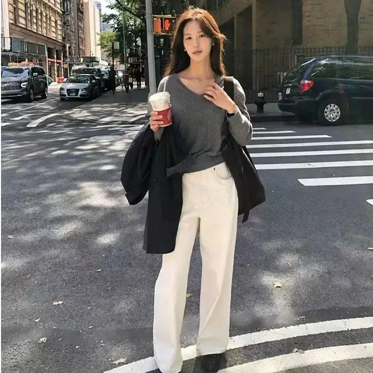 韩系小众【八家人生白牛】复古高腰显瘦阔腿裤春款