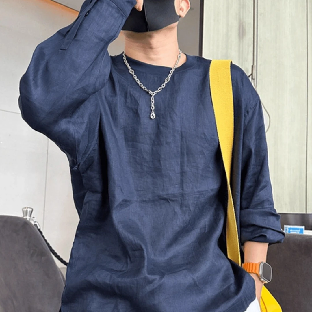 2025春夏新款亚麻长袖打底衫男夏季简约宽松百搭轻薄透气防晒t恤