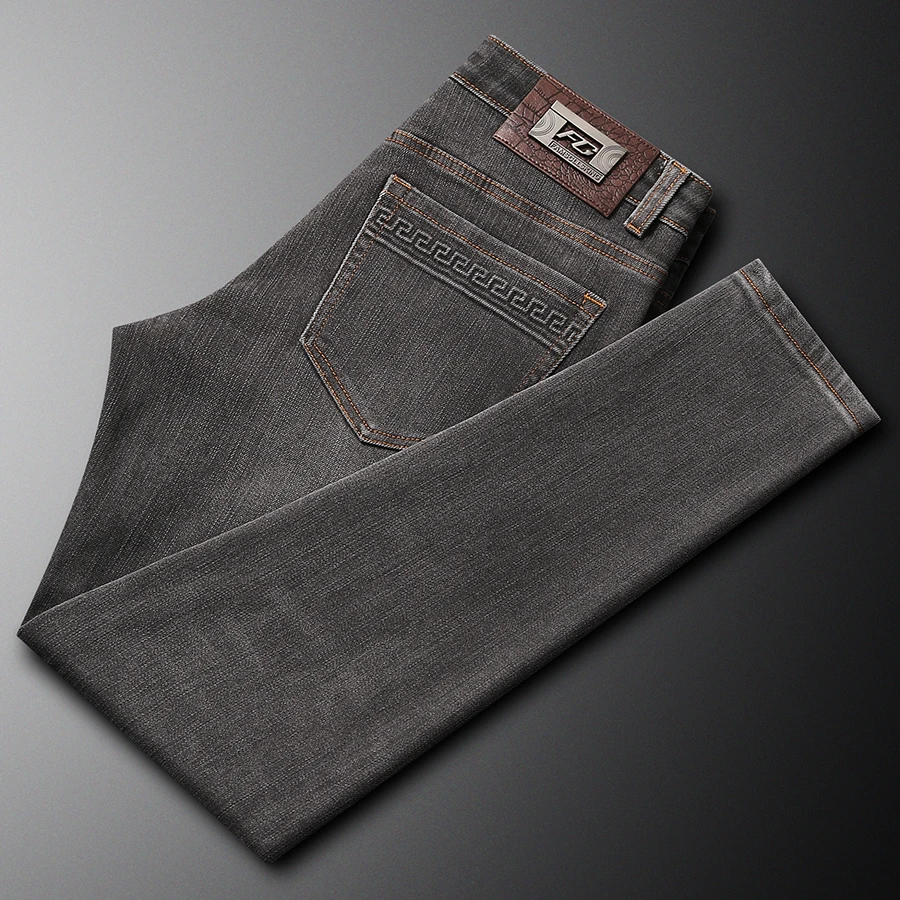 洛尼提日亚灰色牛仔裤男秋冬修身小直筒简约休闲百搭高端潮流水洗