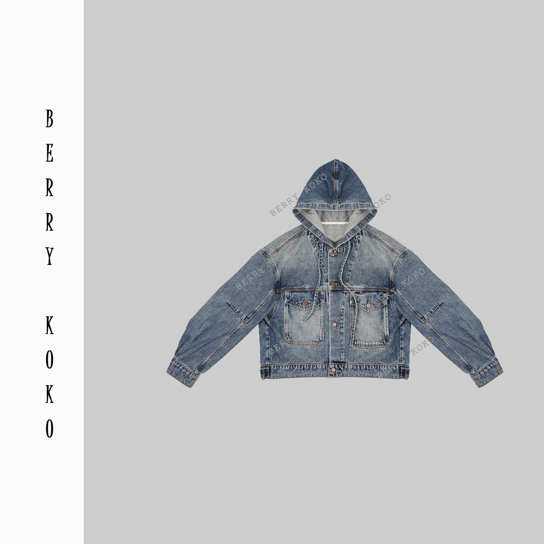 【MISSKO】高品质连帽阔版复古擦色牛仔风衣外套宽松休闲百搭 W19