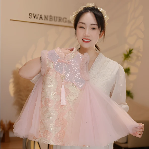 LL【Y.k9579】24新款女童亮片拼接网纱国风马甲裙女宝保暖背心裙