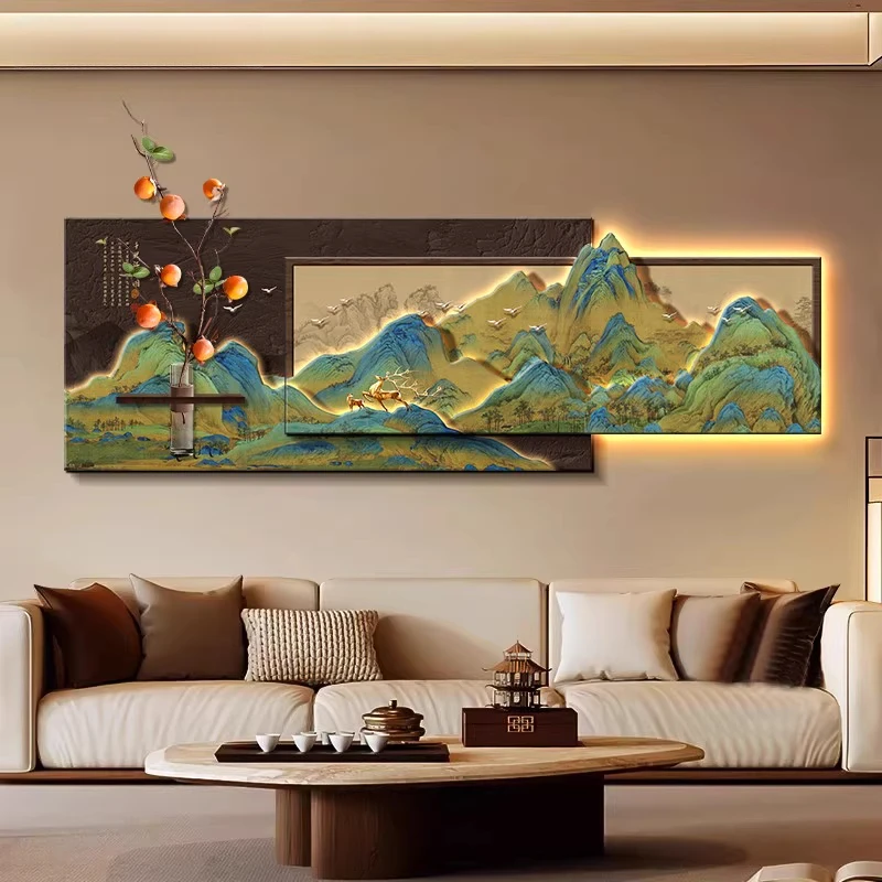 千里江山图客厅装饰画新中式高级感沙发背景墙挂画茶室立体山水画