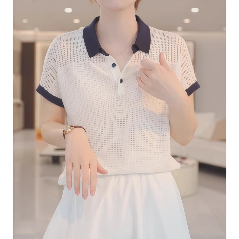 时尚极简风撞色polo领镂空短袖针织衫女夏季新款正肩百搭显瘦上衣