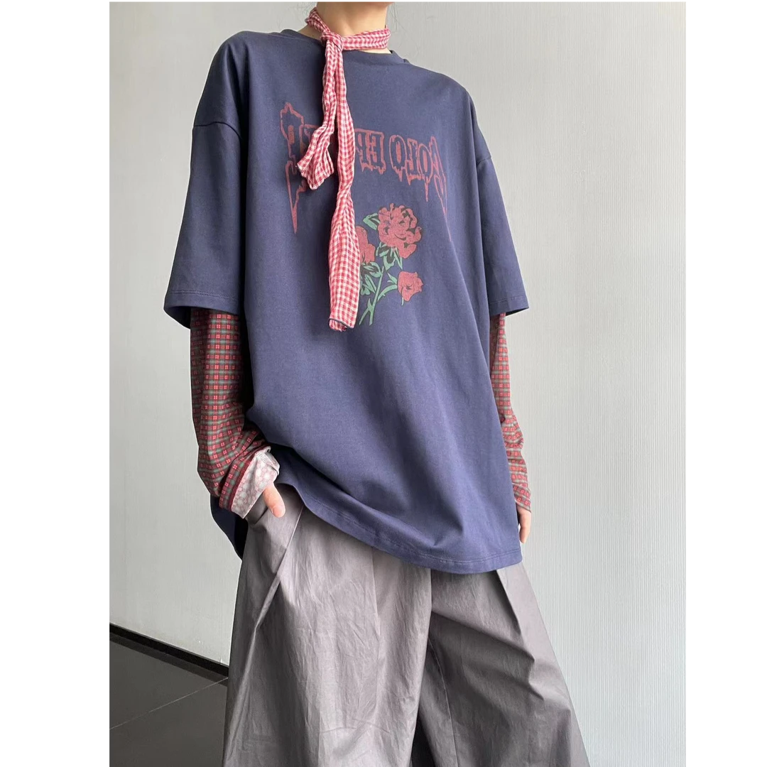 小众拼接玫瑰印花T恤