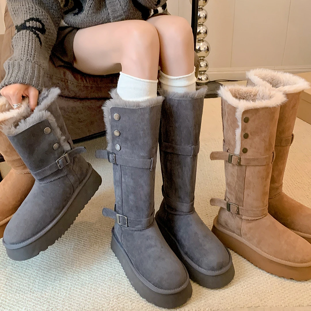 【雪国列车】雪地靴女厚底增高高筒靴扣带时尚靴子长筒冬季新款棉鞋