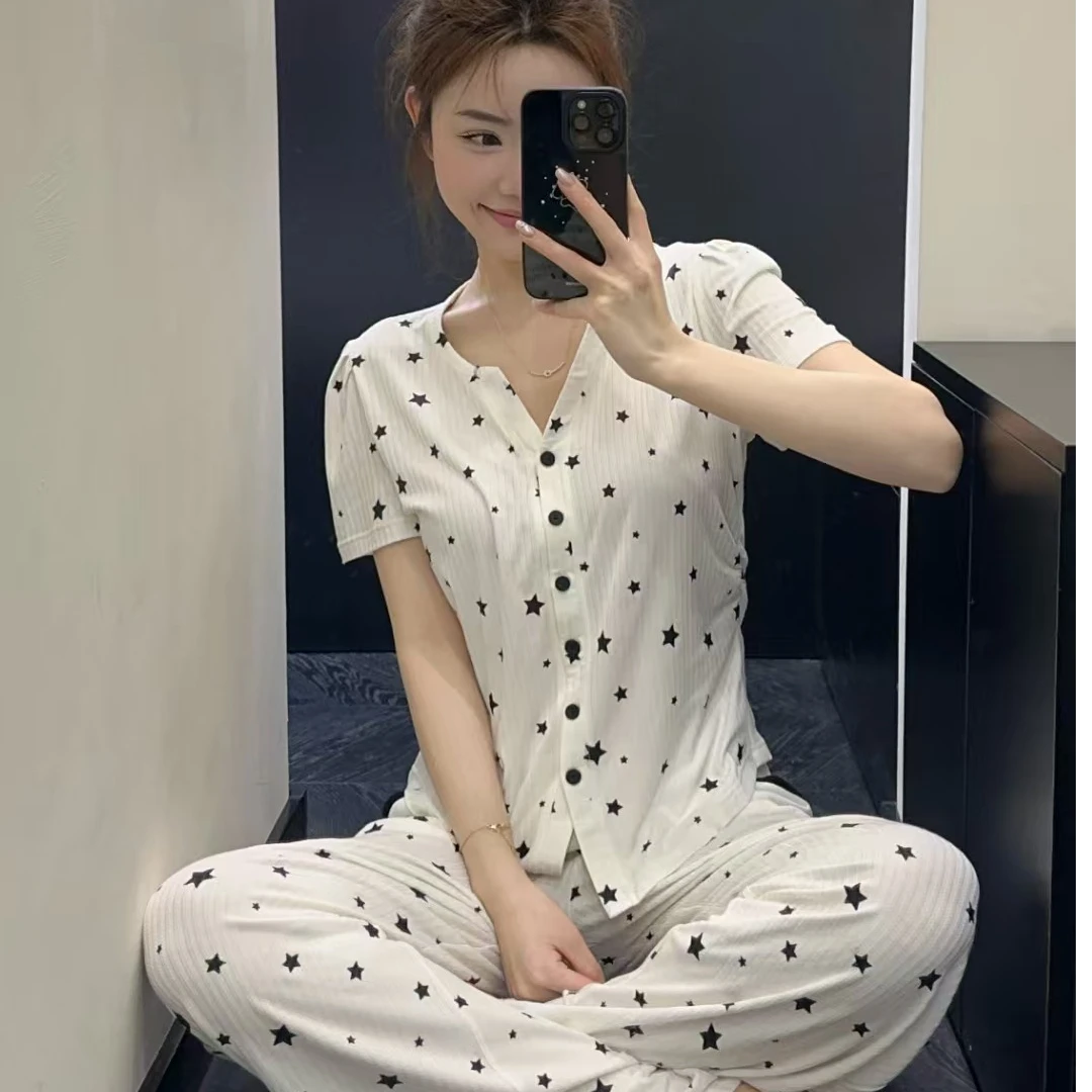 【星光】短袖秋新长裤薄款家居服套装气质睡衣新款白色长款休闲印花