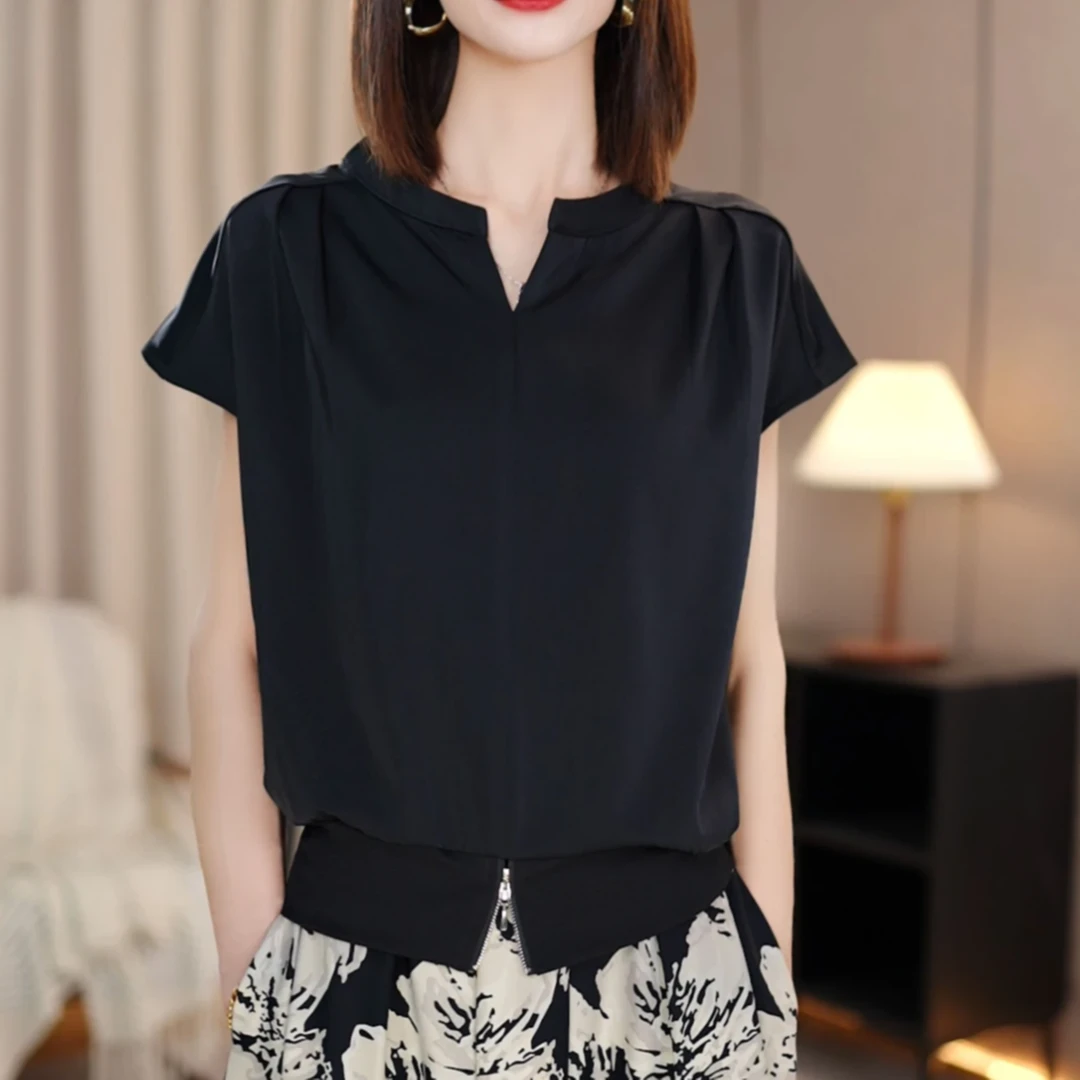 原创【素影流纹】时尚V领短袖百搭设计宽松优雅百搭经典气质上衣