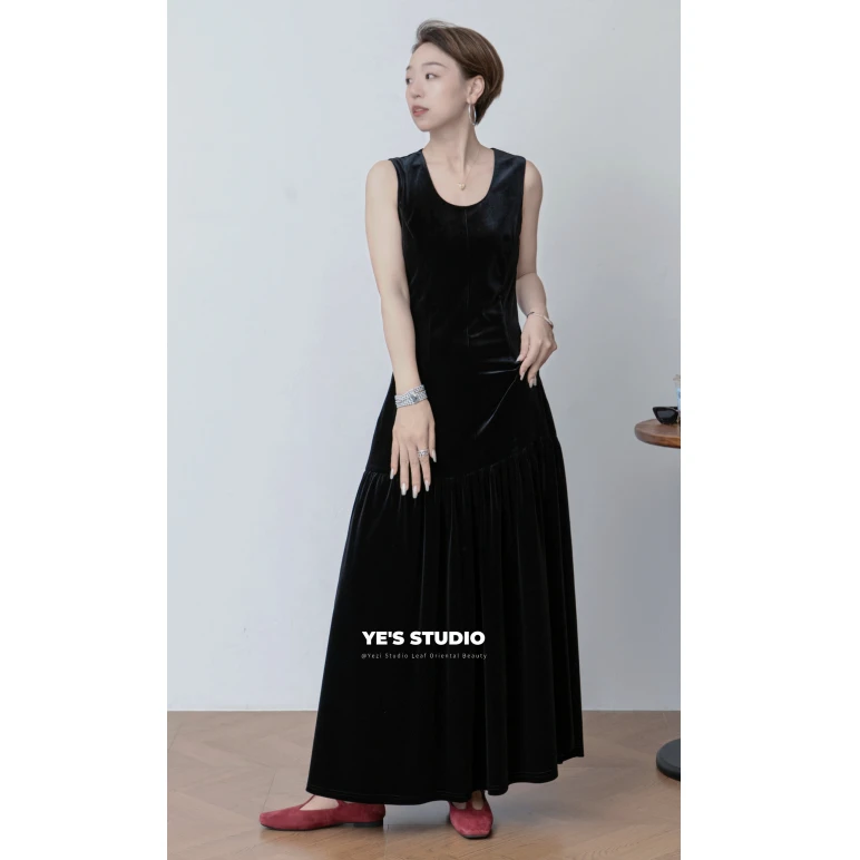 【奥黛丽小姐】韩国真.丝触感天鹅绒高弹复古丝绒连衣裙25334010