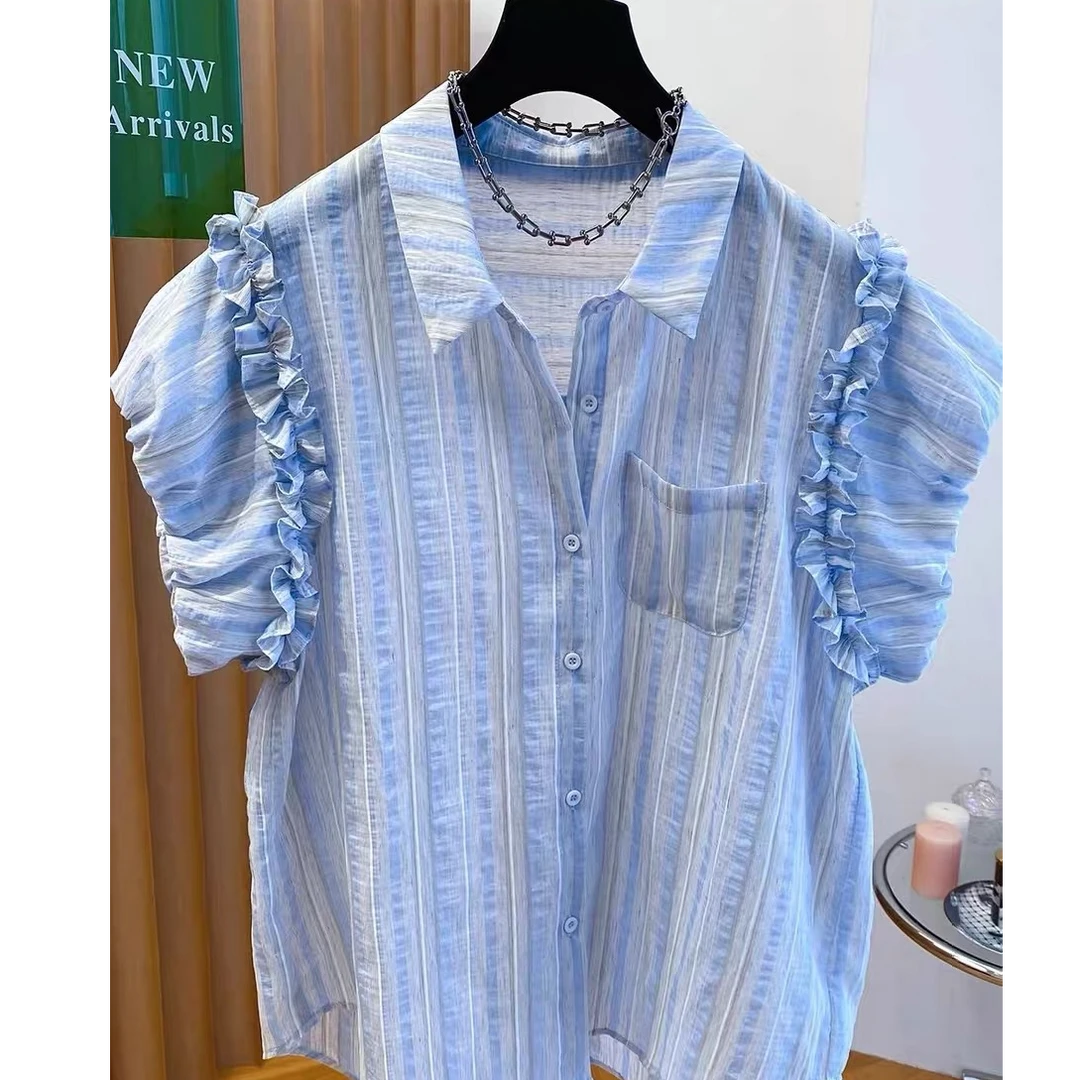 大码女装—6238夏季新款高级减龄衬衣洋气时尚条纹短袖衬衫上衣