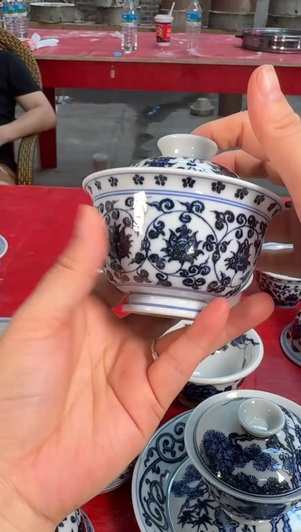 三方器合缠枝莲双狮盖碗