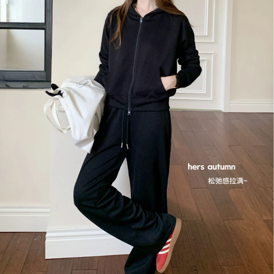 【慵懒舒适休闲套装】秋新品运动风时尚极简长袖拉链卫衣宽松套装女