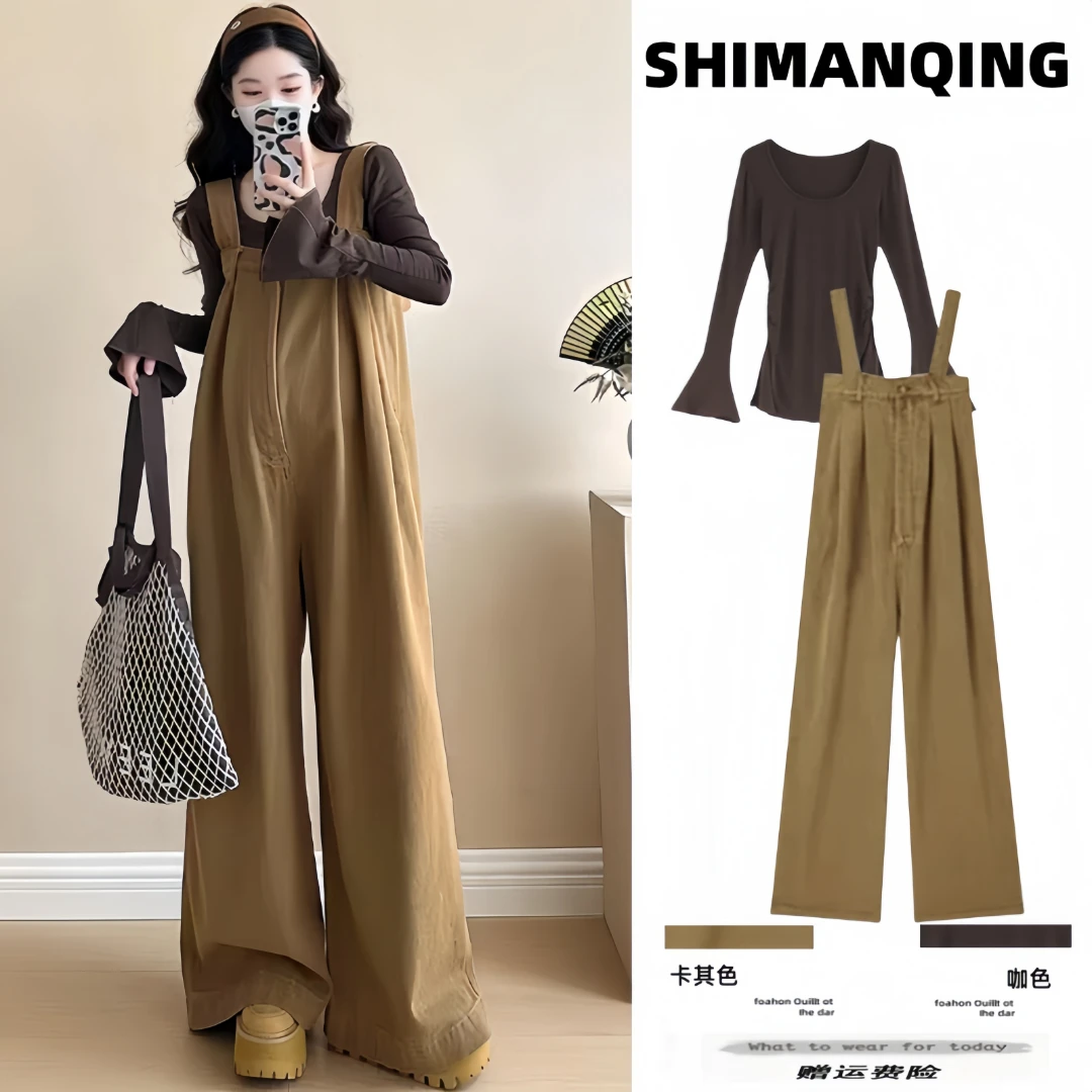 孕妇装2025秋季新款时髦韩版宽松简约连体裤外穿背带裤孕妇套装