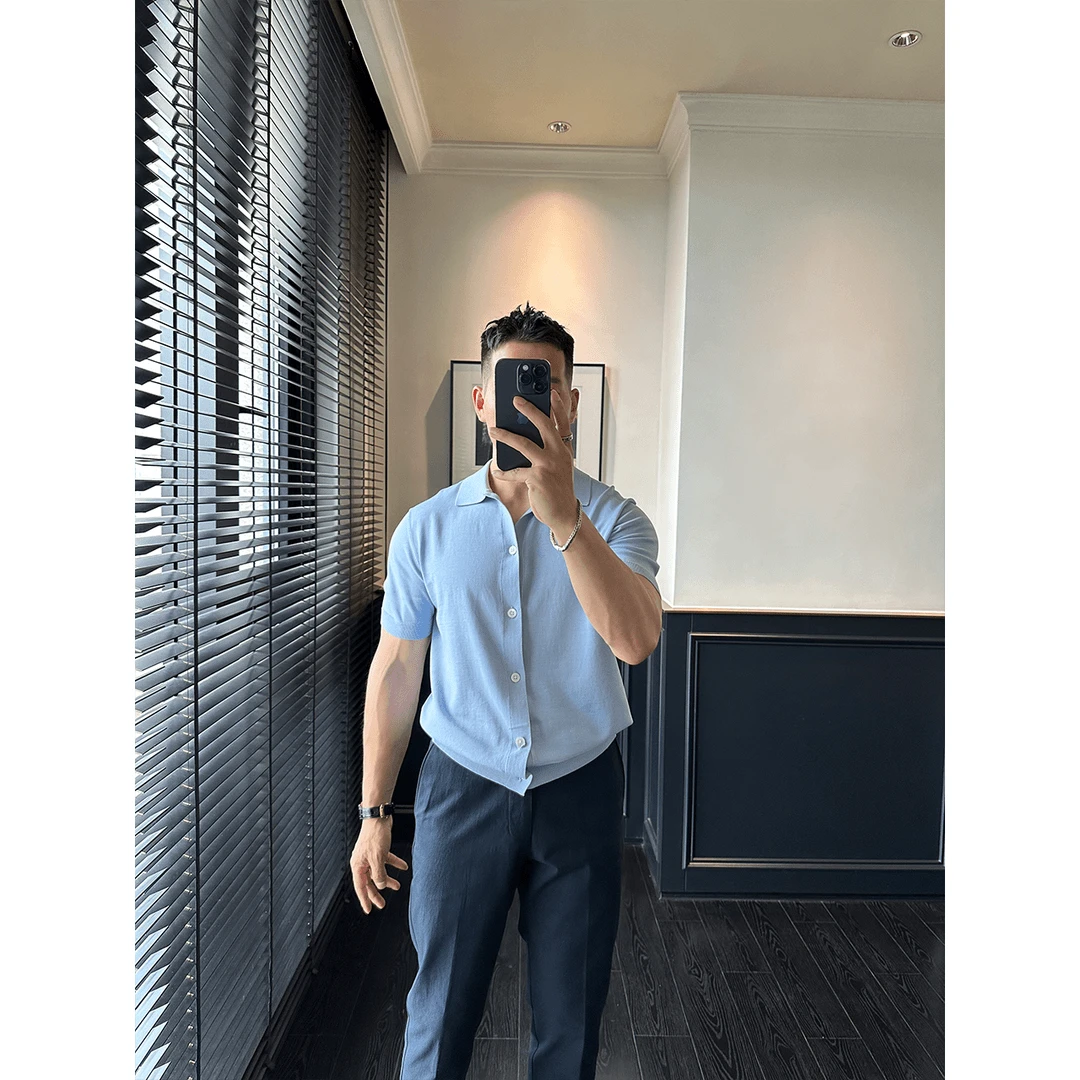 纯色翻领针织短袖夏季衬衫Polo衫欧美简约免烫上衣百搭复古薄款潮