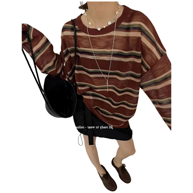 【宽松撞色条纹长袖】亚麻 DTCX57013夏季清新显瘦百搭宽松舒适T恤