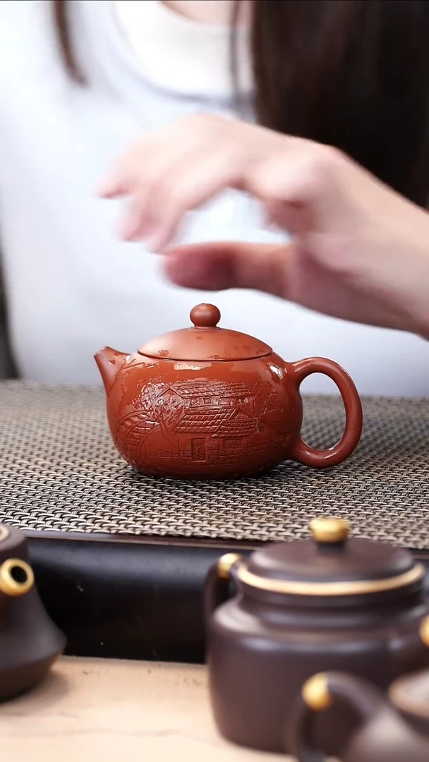 茶壶紫砂朱泥超精工刻绘西施100cc