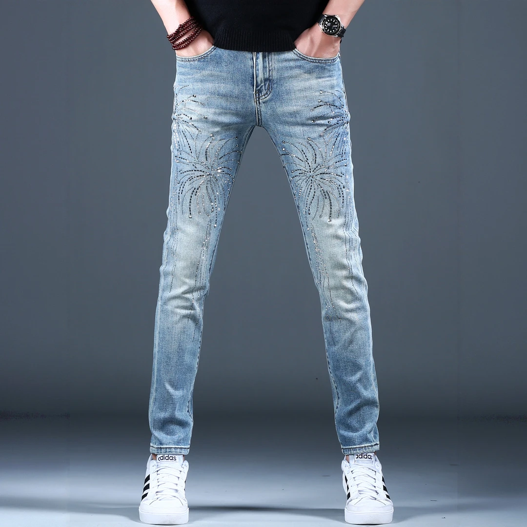 MR.25潮牌钉珠牛仔裤男秋冬新款水洗怀旧小脚裤重工烫钻欧货长裤