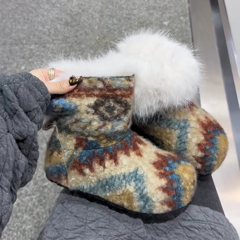 内增高毛毡豹纹雪地靴女2025冬季加绒保暖几何图案毛毛鞋短筒棉靴