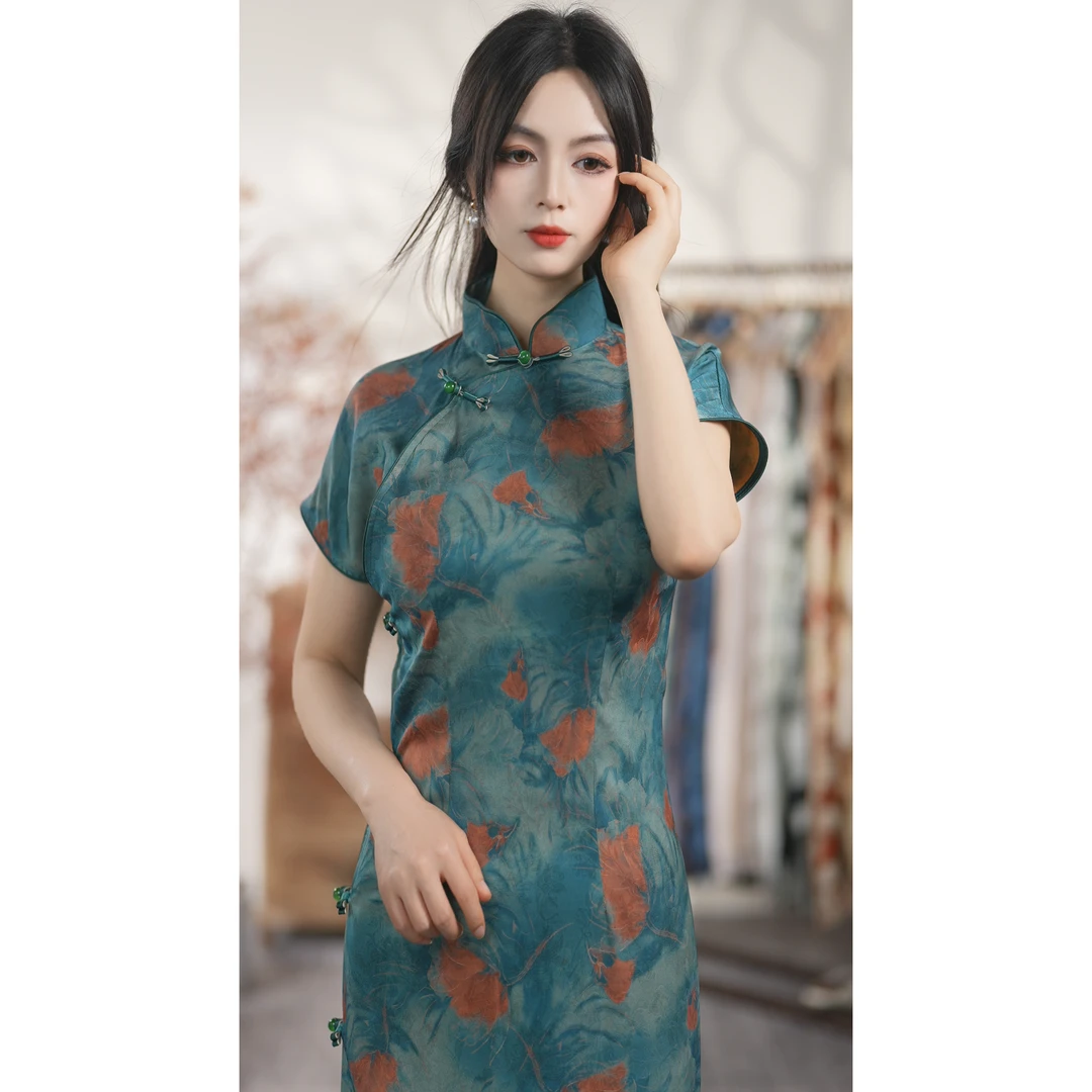 【全开襟古法旗袍】红云纱海棠花双面提花全旗袍 【裙长120左右】