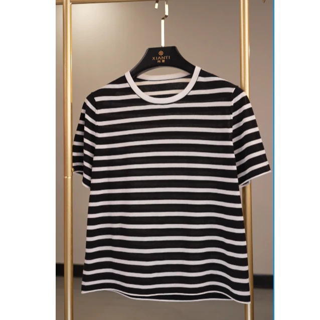 【轻奢-巨细腻】超薄时尚百搭黑白条纹圆领短袖针织衫女夏-2502065