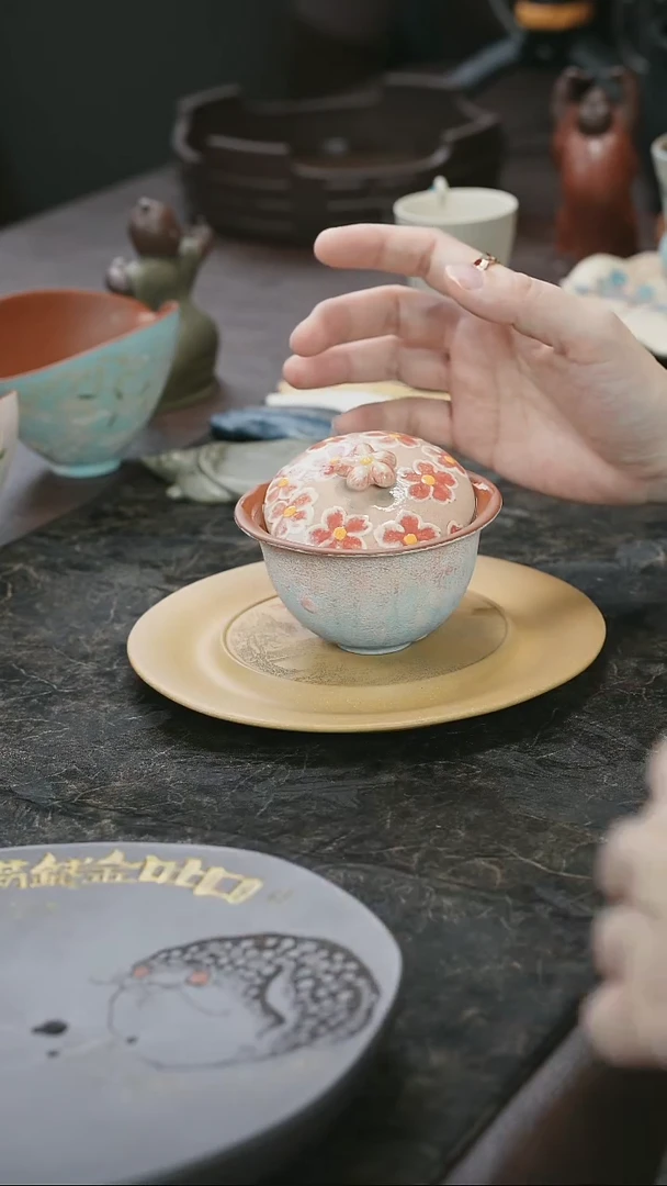 茶杯紫砂九隐茶器繁花紫砂盖碗