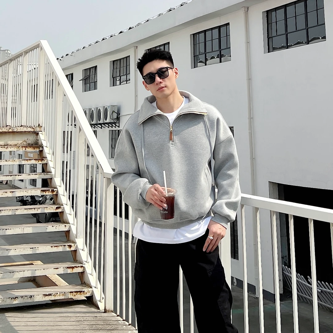 LUCHONG翻领罗纹拼接卫衣 纯色百搭立领套头外套春秋宽松套头卫衣