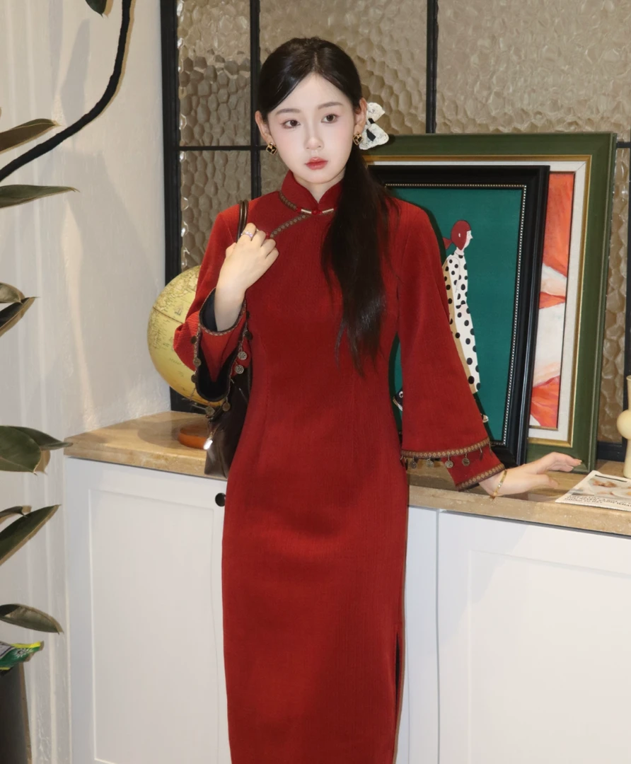 【花好】2025新款红色旗袍新中式改良秋冬季加绒敬酒服订婚