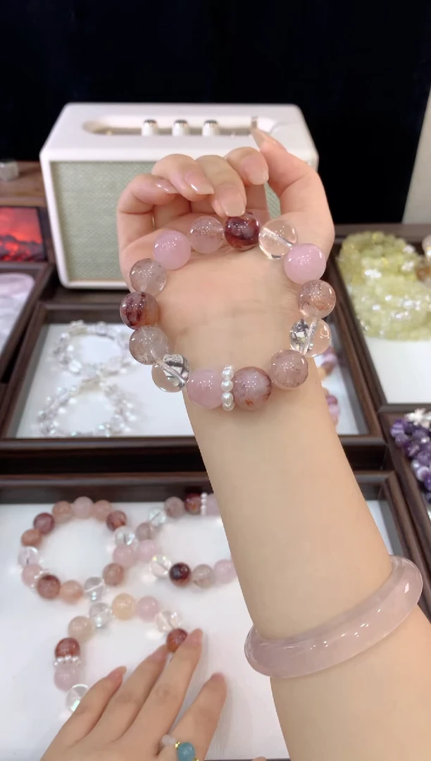 未镶嵌手链水晶桃禧 粉水胶花白水贝珠环