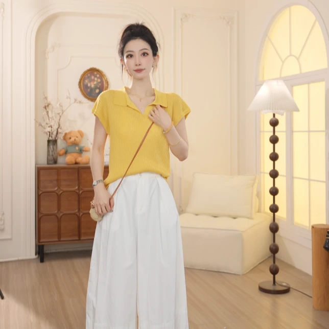 Basic House/百家好2025新款夏季时尚气质显瘦翻领针织衫女NXD60