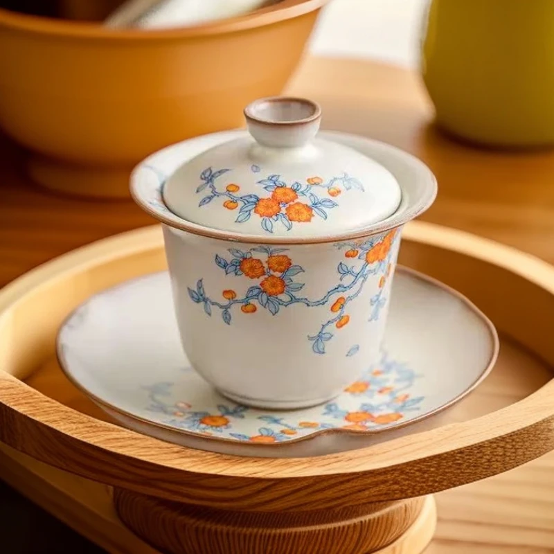杏花蓝枝汝瓷盖碗茶杯泡茶家用三才茶碗带盖单个高档功夫茶具套装