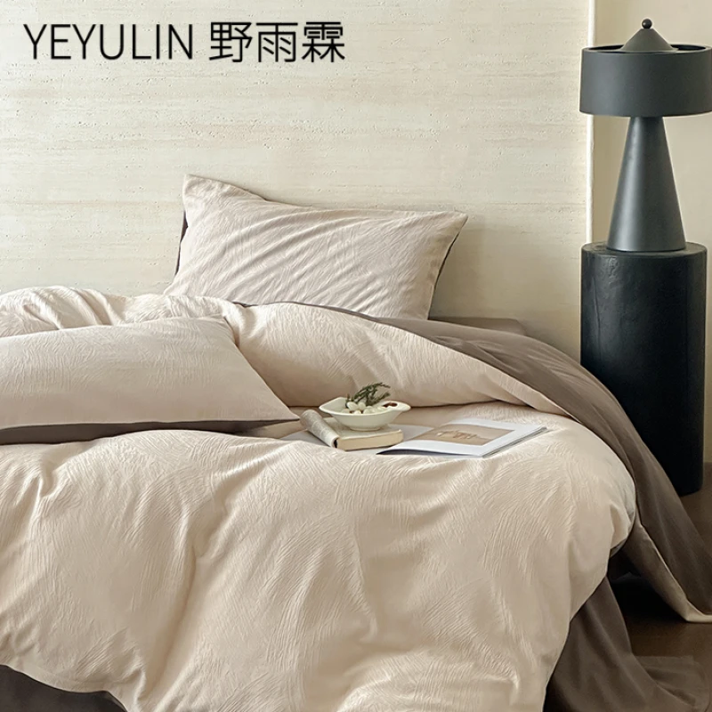 高级感三层全棉肌理纹四件套纯棉轻奢风提花被套床单床上用品白色