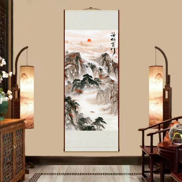 【福利】海纳百川35*110cm书房卧室玄关实木卷轴挂画