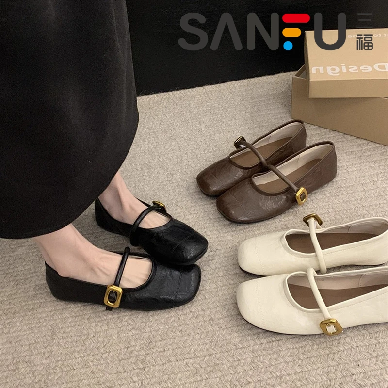 三福软底玛丽珍鞋2025夏季新款通勤百搭一字带法式单鞋平底女鞋